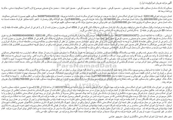 مزایده فروش یک اپارتمان مسکونی به پلاک ثبتی 9 فرعی از 4504 اصلی مفروز و مجزی شده از 3 و 1 فرعی از اصلی مذکور قطعه 4 طبقه 2 به مساحت 89 مترمربع  
