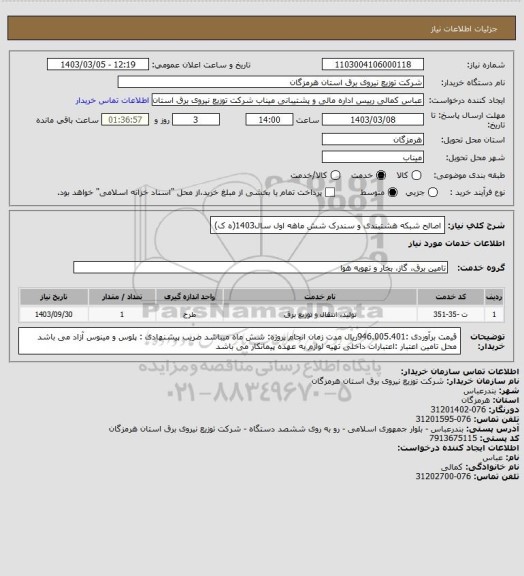 استعلام اصالح شبکه هشتبندی و سندرک شش ماهه اول سال1403(ه ک)
