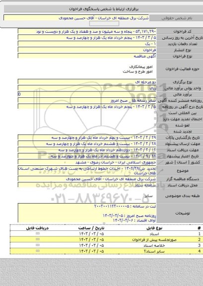 مناقصه, تجدید ش/۱۴۰۲/۳۸ - احداث خطوط ارتباطی به پست های شهرک صنعتی استان های خراسان