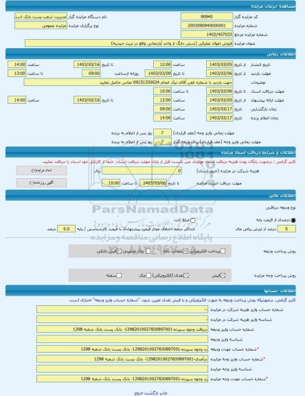 مزایده ، فروش اموال تملیکی (شش دانگ از واحد آپارتمانی واقع در تربت حیدریه) -مزایده آپارتمان - استان خراسان رضوی