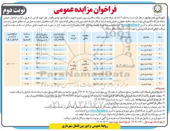 مزایده اجاره نه باب غرفه تجاری نوبت دوم 