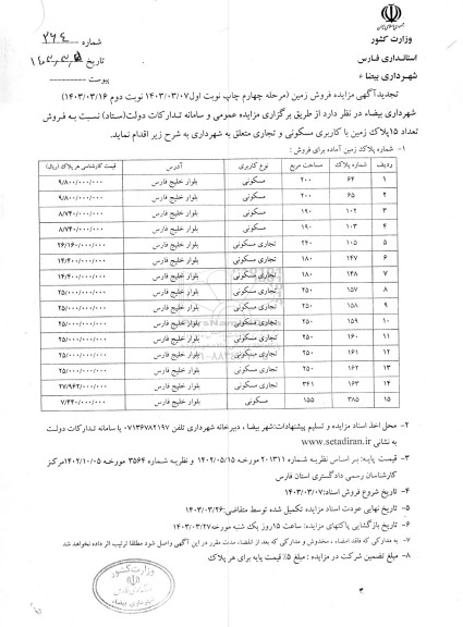 تجدید مزایده فروش تعداد 15 پلاک زمین با کاربری مسکونی و تجاری  - مرحله چهارم 