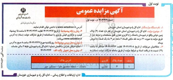 مزایده فروش تعداد 4 پلاک زمین دولتی با کاربری تجاری
