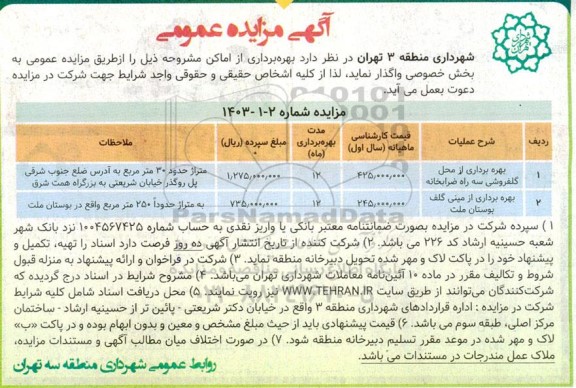 مزایده بهره برداری از اماکن