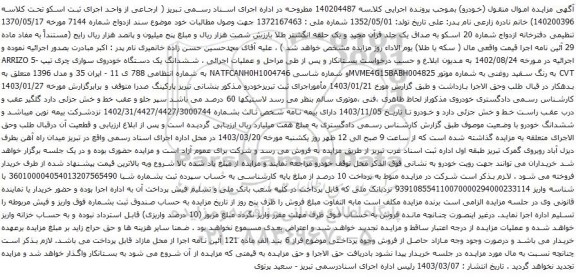 آگهی مزایده ششدانگ یک دستگاه خودروی سواری چری تیپ ARRIZO 5-CVT