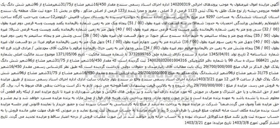 آگهی مزایده مقدار 16/450شعیر مشاع از31/75شعیرمشاع از 96شعیر شش دانگ یک قطعه مزروعی-بیشه زار نوع ملک طلق به پلاک ثبتی 1123 فرعی از 3 اصلی