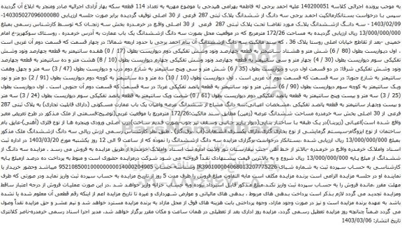 آگهی مزایده سه دانگ ازششدانگ پلاک مورد تقاضا تحت پلاک ثبتی 287 فرعی از 30 اصلی