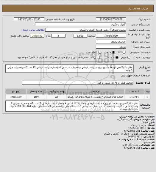 استعلام نظارت کارگاهی توسط مشاور پروژه منازل سازمانی و تعمیرات اساسی 4 واحداز منازل سازمانی 12 دستگاه  و تعمیرات جزئی 8 واحد