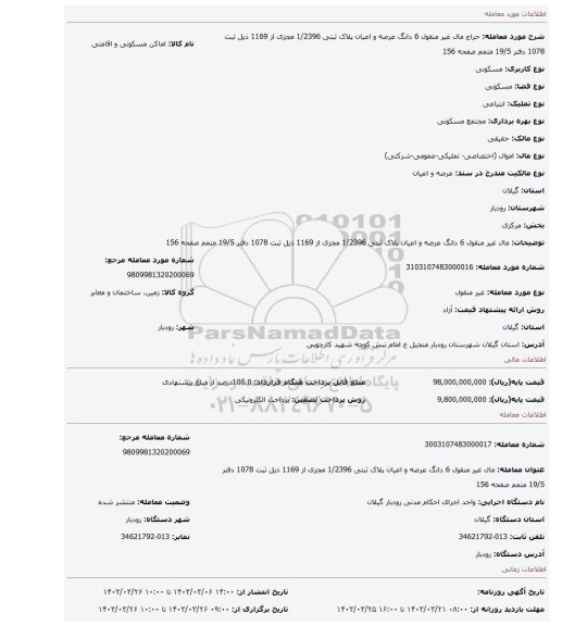 مال غیر منقول 6 دانگ عرصه و اعیان پلاک ثبتی 1/2396 مجزی از 1169 ذیل ثبت 1078 دفتر 19/5 متمم صفحه 156