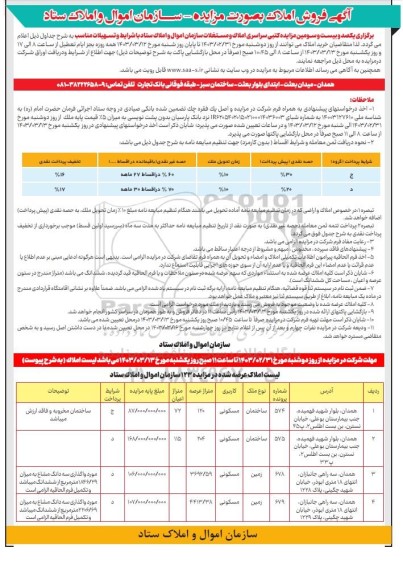 مزایده یکصد و بیست و سومین مزایده کتبی سراسری املاک و مستغلات
