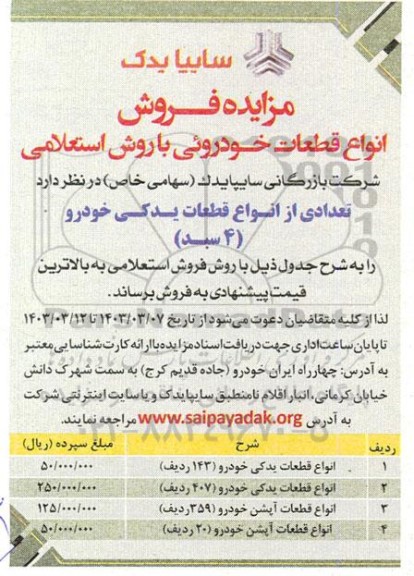 مزایده فروش انواع قطعات خودروئی با روش استعلامی 