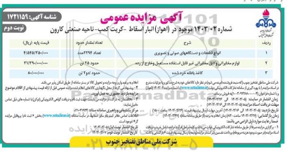 مزایده انواع قطعات و دستگاههای صوتی و تصویری و...نوبت دوم
