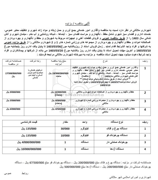 مناقصه و مزایده فروش قطعات آهنی و تجهیزات مربوط به شهربازی ...