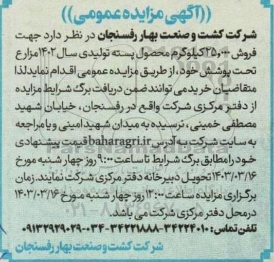 مزایده عمومی فروش 25.000 کیلوگرم محصول پسته تولیدی سال 1402