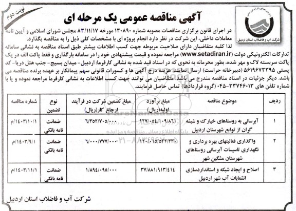 مناقصه آبرسانی به روستاها و غیره ...- نوبت دوم