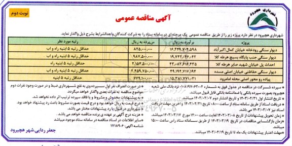 مناقصه عمومی دیوار سنگی رودخانه خیابان....