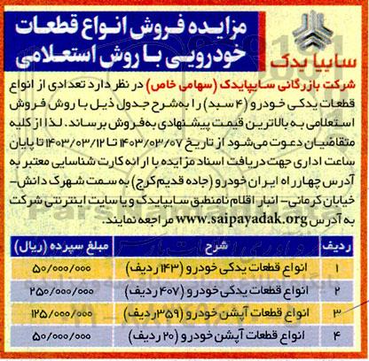 مزایده فروش انواع قطعات خودرو با روش استعلامی 