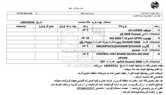 استعلام  شلف olt-mil5608 و ...