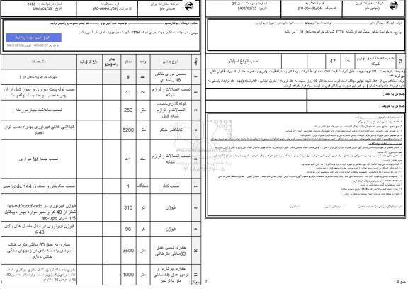 استعلام جهت اجرای شبکه FTTH 