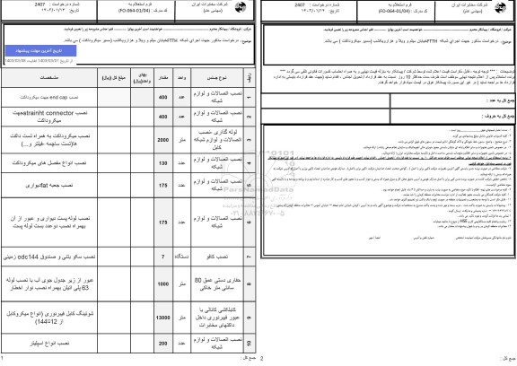 استعلام جهت اجرای شبکه FTTH خیابان میثم