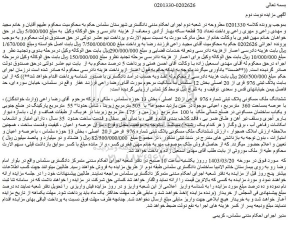 مزایده فروش ششدانگ ملک مسکونی پلاک ثبتی شماره 976  فرعی از20  اصلی