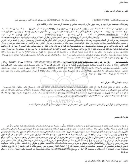 مزایده فروش شش دانگ  ملک به پلاک ثبتی  19611  فرعی از 2 اصلی مفروزی از 9453 فرعی از اصلی 
