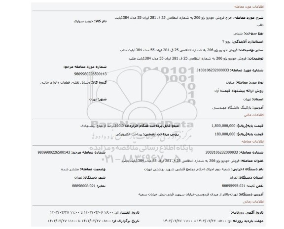فروش خودرو پژو 206 به شماره انتظامی 25 ق 281 ایران 55 مدل 1384بابت طلب
