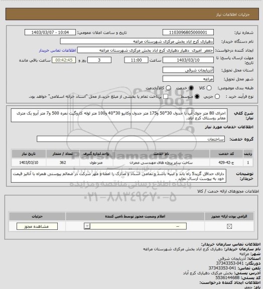 استعلام اجرای 80 متر جوی آب با جدول 30*50 و175 متر جدول وکانیو 30*40 و100 متر لوله کاروگیت نمره 500 و7 متر آبرو بک متری  معابر روستای کرج آباد