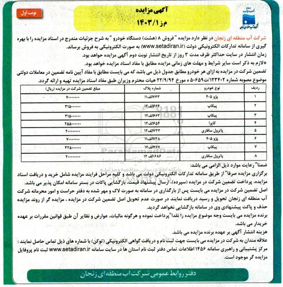 مزایده فروش ۸ (هشت) دستگاه خودرو