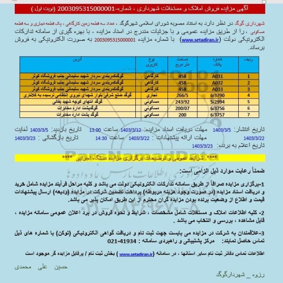 مزایده فروش تعداد سه قطعه زمین کارگاهی، یک قطعه تجاری و سه قطعه مسکونی