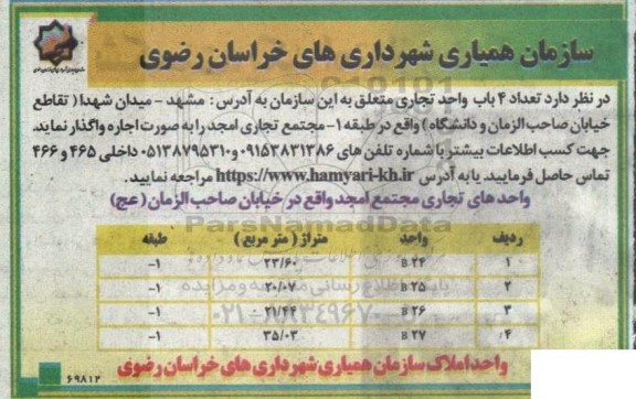 مزایده واگذاری تعداد 4 باب واحد تجاری