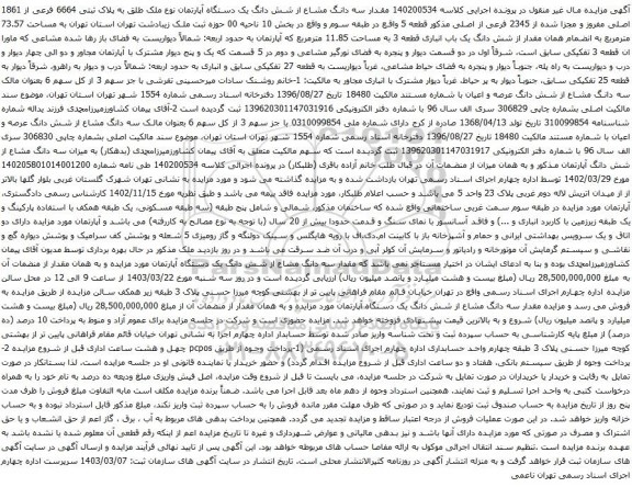 آگهی مزایده  سه دانگ مشاع از شش دانگ یک دستگاه آپارتمان نوع ملک طلق به پلاک ثبتی 6664 فرعی از 1861 اصلی 