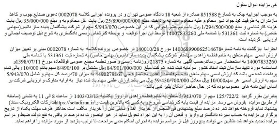 مزایده فروش 5/943/070 سهم از شرکت پیشگامان پدیده ساز داتیس(سهامی خاص)