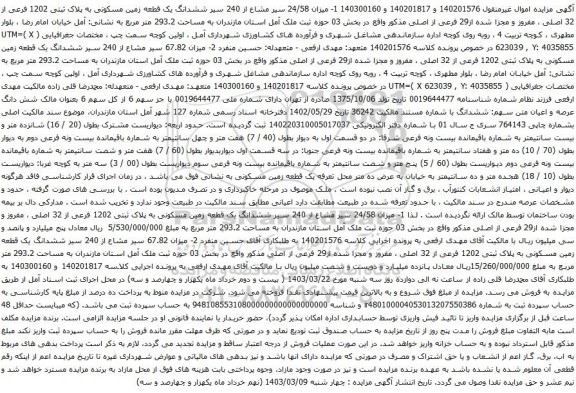 آگهی مزایده ششدانگ یک قطعه زمین مسکونی به پلاک ثبتی 1202 فرعی از 32 اصلی ، مفروز و مجزا شده از29 فرعی از اصلی