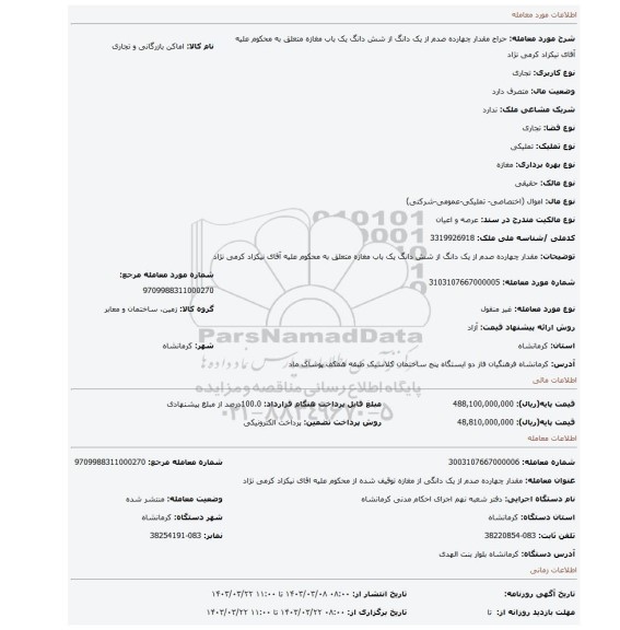 مقدار چهارده صدم از یک دانگ از شش دانگ یک باب مغازه متعلق به محکوم علیه آقای نیکزاد کرمی نژاد