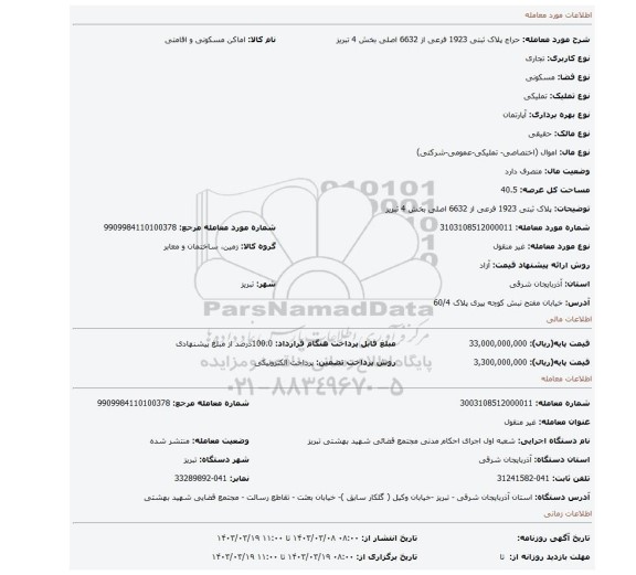 پلاک ثبتی 1923 فرعی از 6632 اصلی بخش 4 تبریز