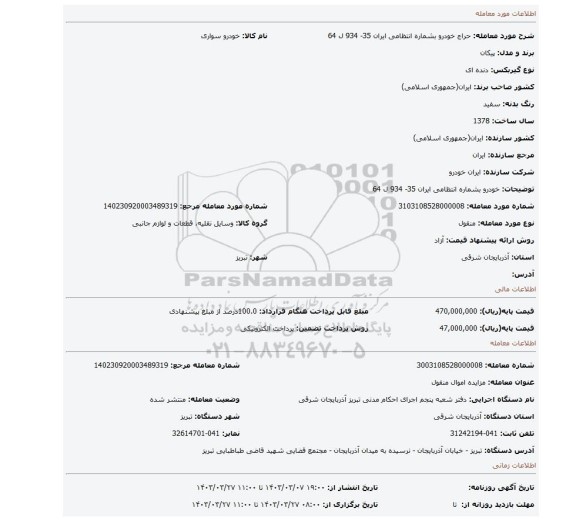 خودرو بشماره انتظامی ایران 35- 934 ل 64