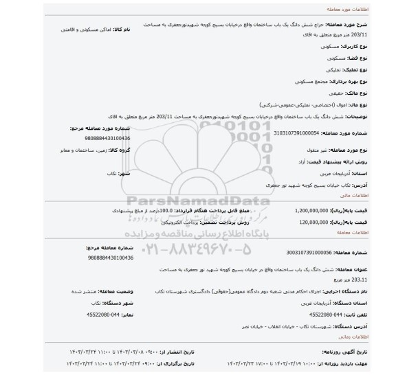 شش دانگ یک باب ساختمان واقع درخیابان بسیج کوچه شهیدنورجعفری به مساحت 203/11 متر مربع متعلق به اقای