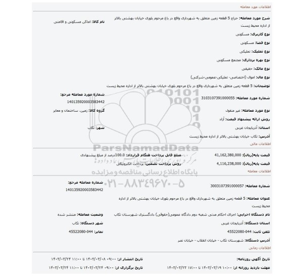5 قطعه زمین متعلق به شهرداری واقع در باغ مرحوم بلوری  خیابان بهشتی بالاتر از اداره محیط زیست