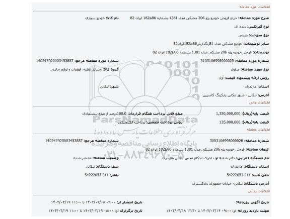 فروش خودرو پژو 206 مشکی مدل 1381 بشماره 86ط182 ایران 82
