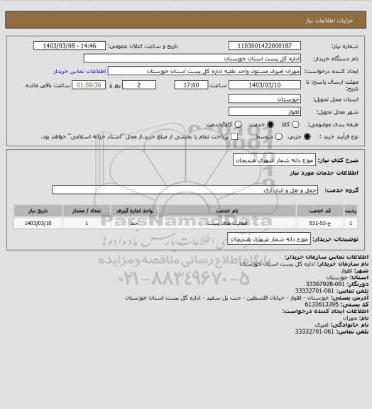 استعلام موزع دانه شمار شهری هندیجان