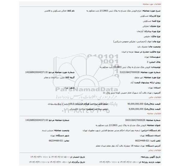 فروش ملک مشاع به پلاک ثبتی 2/12803 بابت محکوم به