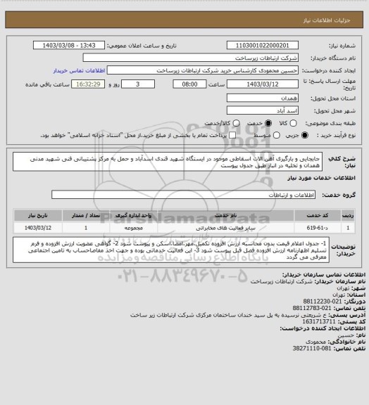 استعلام جابجایی و بارگیری آهن الات اسقاطی موجود در ایستگاه شهید قندی اسدآباد  و حمل به مرکز پشتیبانی فنی شهید مدنی همدان و تخلیه  در انبار طبق جدول پیوست