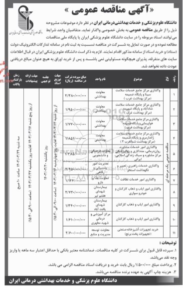 مناقصه واگذاری مرکز جامع خدمات سلامت و ... 