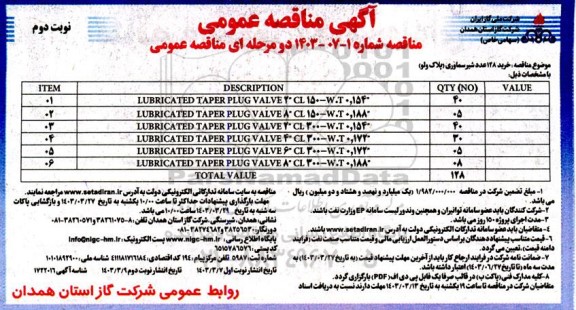 مناقصه خرید 128 عدد شیر سماوری (پلاک ولو)  ​​​​​​​نوبت دوم 