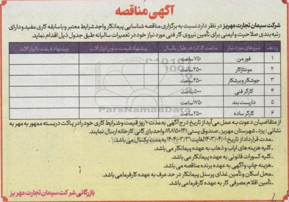 مناقصه شناسایی پیمانکار برای تامین نیروی کار فنی