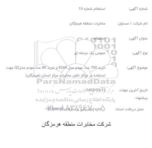 استعلام خرید 700 عدد مودم مدل 8245 و خرید 80 عدد مودم مدل Q2