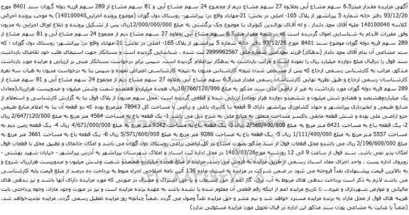 آگهی مزایده مقدار مبذر6.5 سهم مشاع آبی بعلاوه 27 سهم مشاع دیم از مجموع 24 سهم مشاع آبی و 81 سهم مشاع از 289 سهم