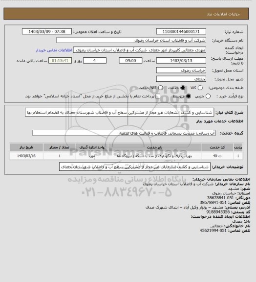 استعلام شناسایی و کشف انشعابات غیر مجاز از مشترکین سطح آب و فاضلاب شهرستان جغتای به انضمام استعلام بها