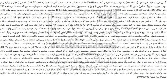 آگهی مزایده ششدانگ یک باب مغازه با کاربری تجاری به پلاک 42/ 221 - اصلی